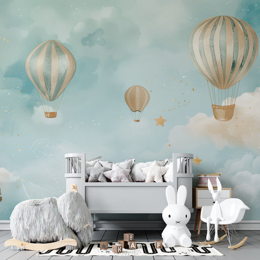 Kids-Mundo hot air balloon wall mural with sailing boats in a child's bedroom