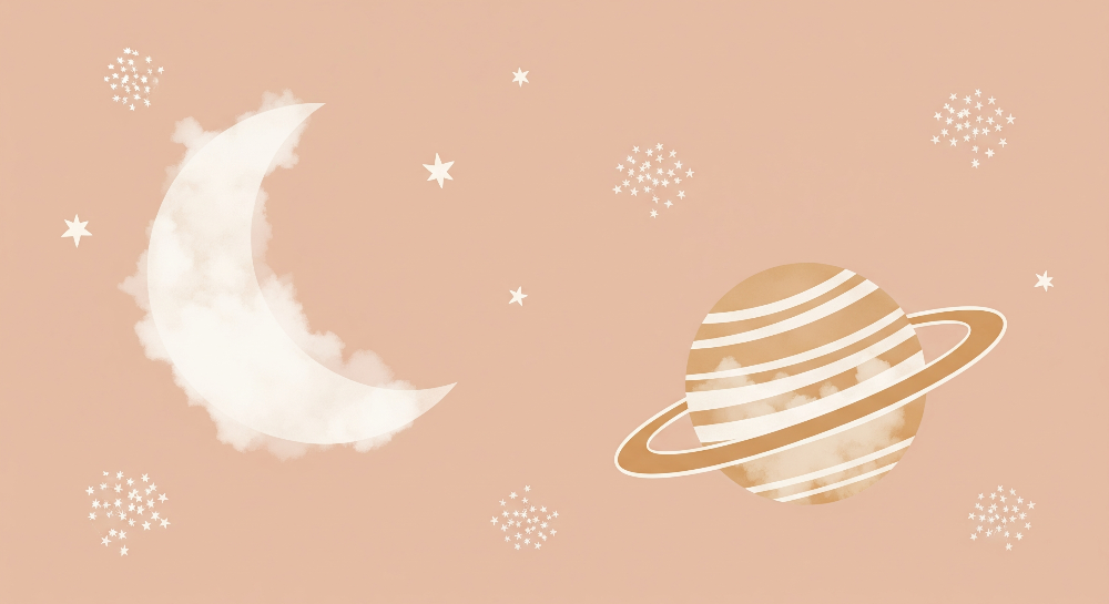 Kids-Mundo flat artwork of a cloud moon and ringed planet on a dusty pink sky