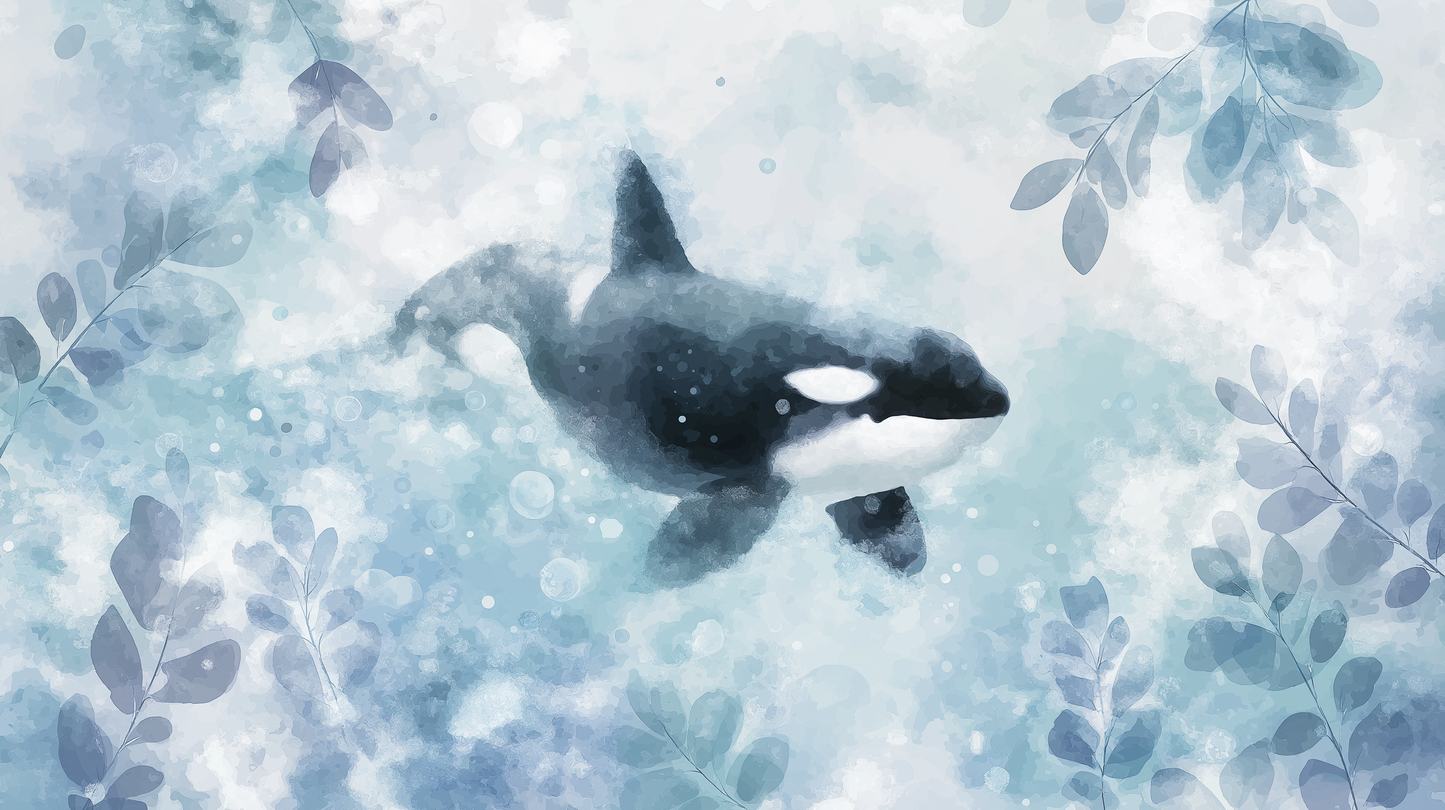 Flat artwork preview of the Kids-Mundo watercolour orca wall mural design in soft blue tones.