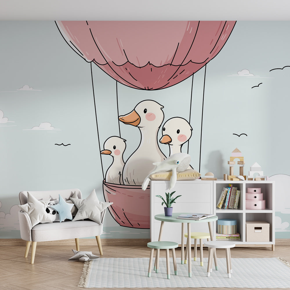Pastel duck balloon wallpaper decorating modern baby bedroom with soft blue and pink tones