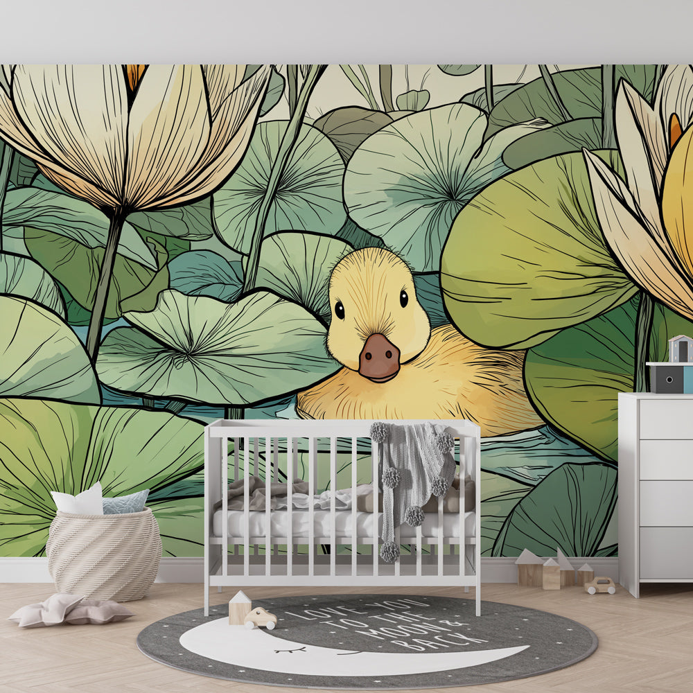 Water lily duck wallpaper creating serene atmosphere in children's bedroom decor