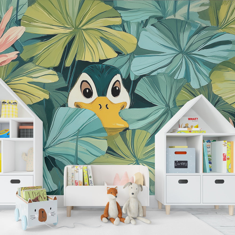 Nature-themed duck and lily pad wallpaper transforming modern kids bedroom into aquatic wonderland