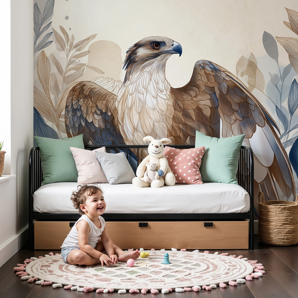 Eagle mural wallpaper with blue foliage decorating peaceful nursery by Kids-Mundo