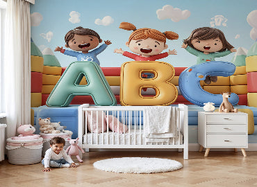 Educational ABC playground mural wallpaper in colorful kindergarten classroom setting by Kids-Mundo