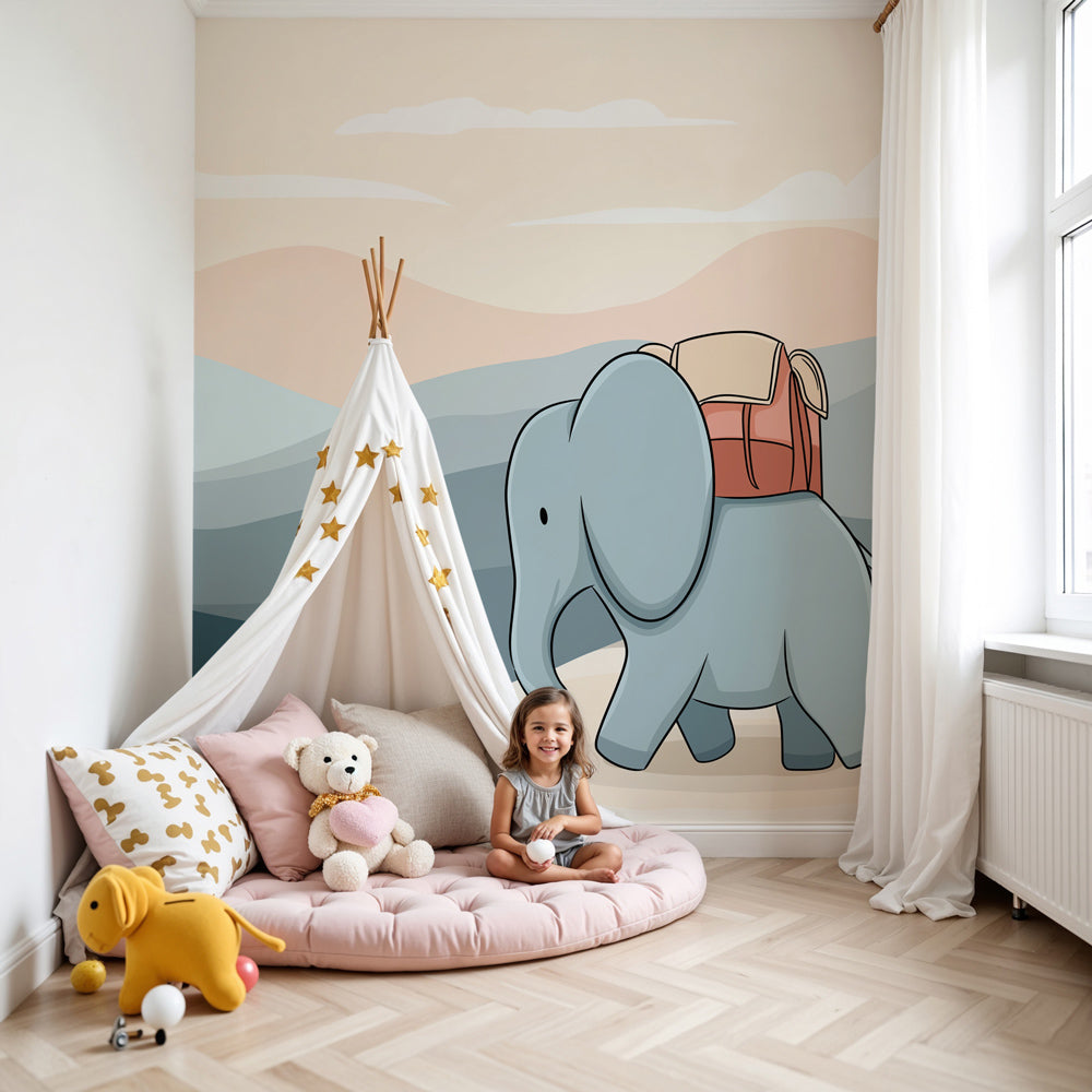 Elephant adventure mural wallpaper in modern baby nursery with soft blue mountain explorer theme by Kids-Mundo