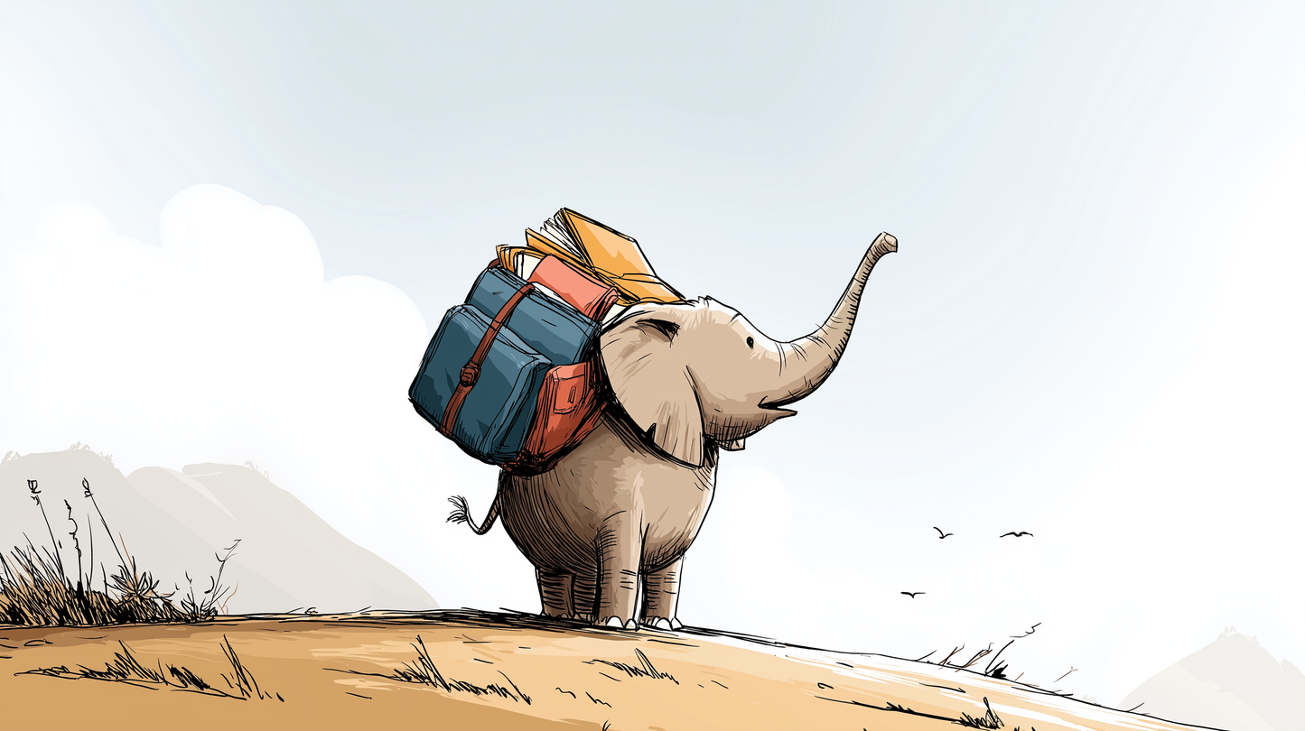 Kids-Mundo flat artwork of a young elephant on a hilltop wearing a backpack stuffed with books.