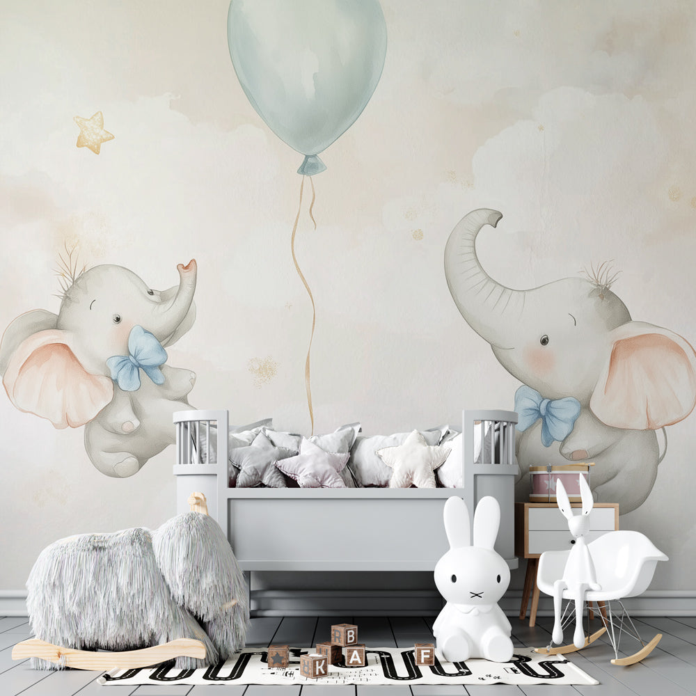 Floating elephant balloon wallpaper creating magical atmosphere in baby's room