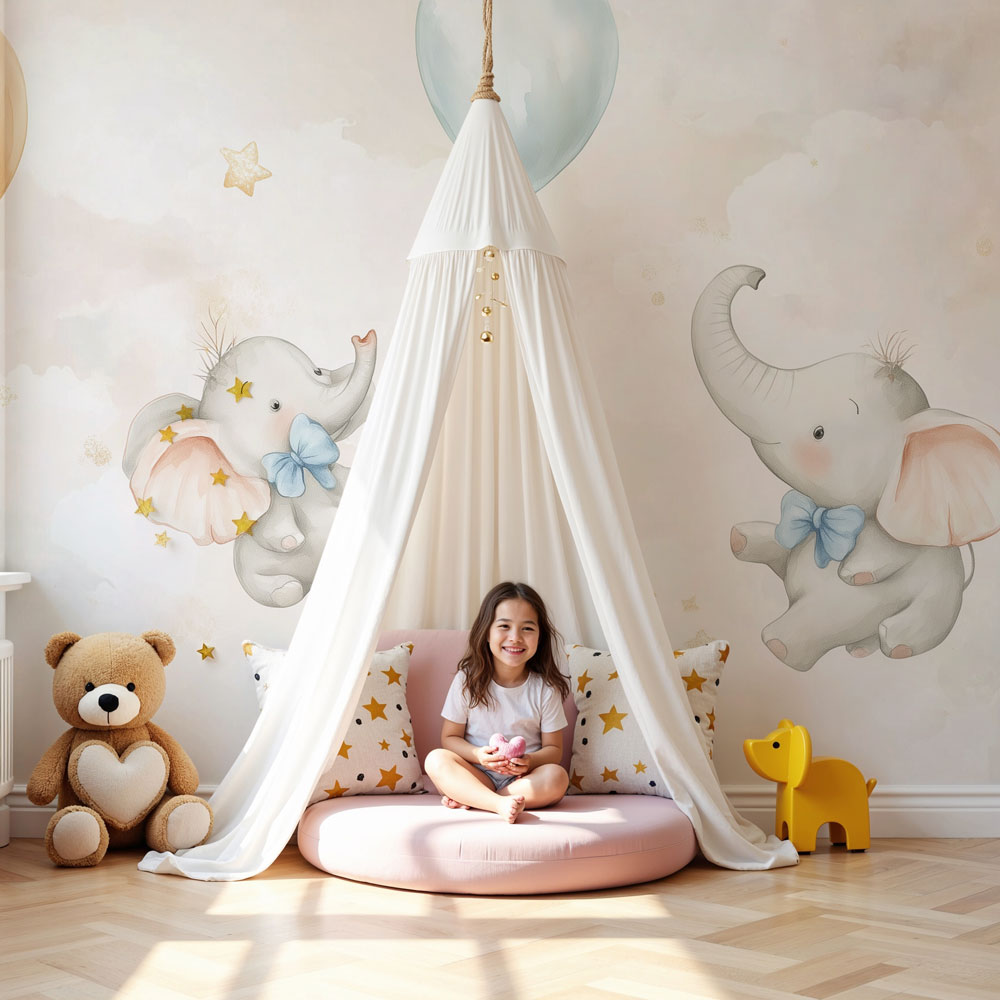 Dreamy elephant balloon mural wallpaper in pastel nursery setting by Kids-Mundo