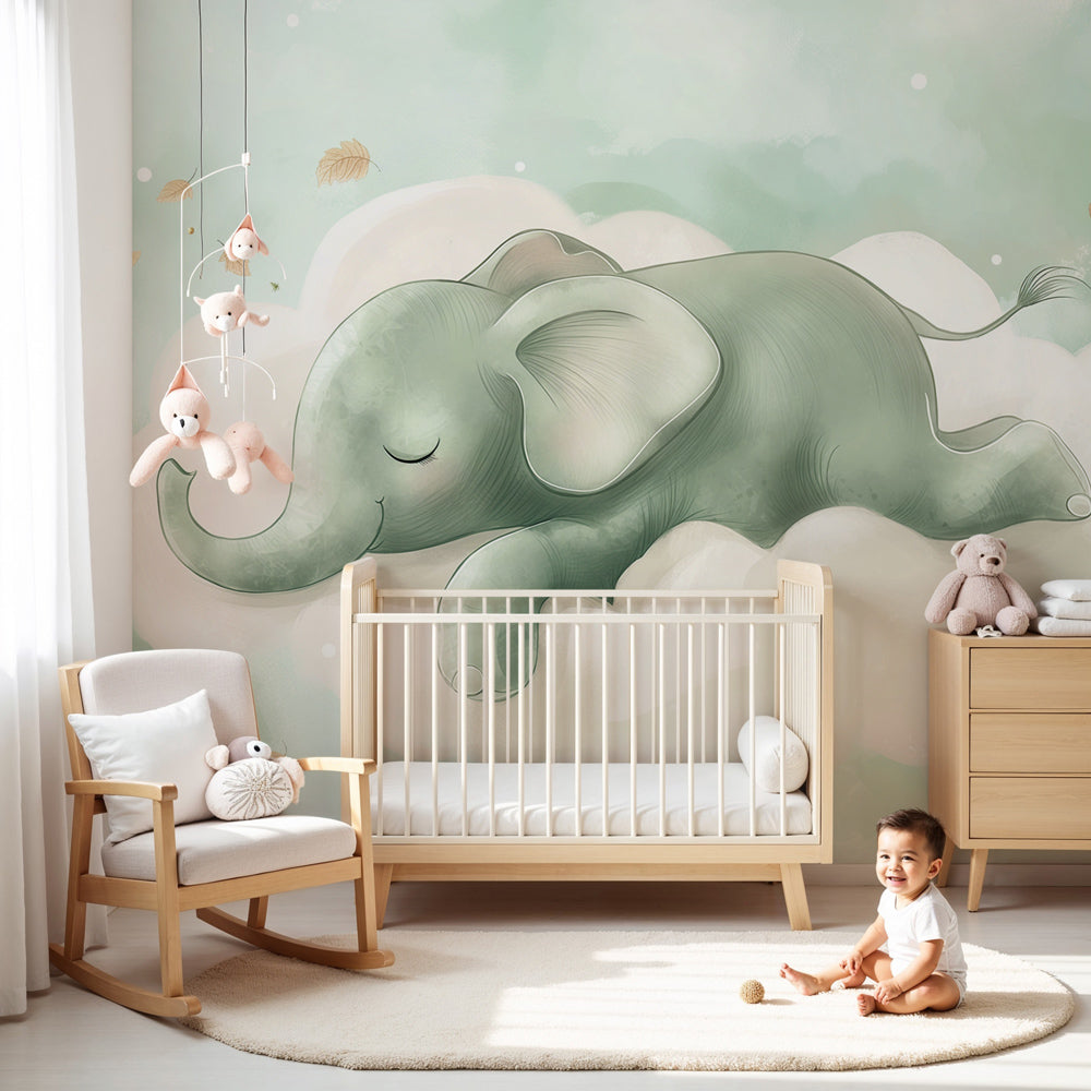 Elephant cloud mural wallpaper in modern nursery with soft green tones by Kids-Mundo