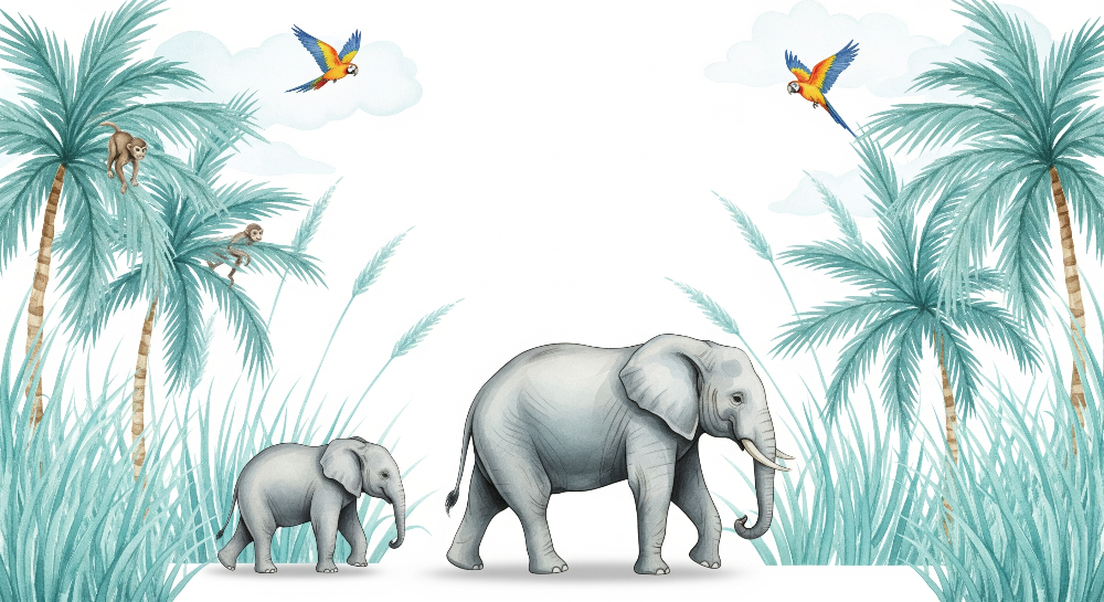 Elephant Family Teal Jungle Wall Mural