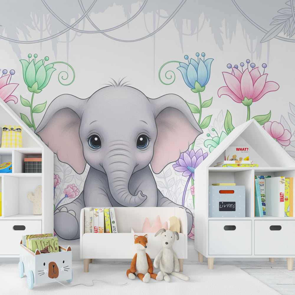Safari elephant wallpaper with pastel flowers decorating cozy children's bedroom space