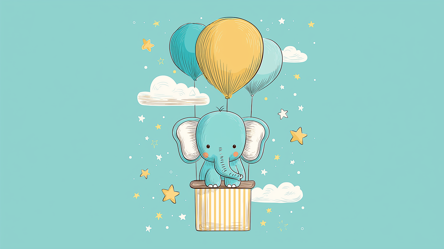Kids-Mundo flat artwork of an elephant riding a hot air balloon basket among clouds
