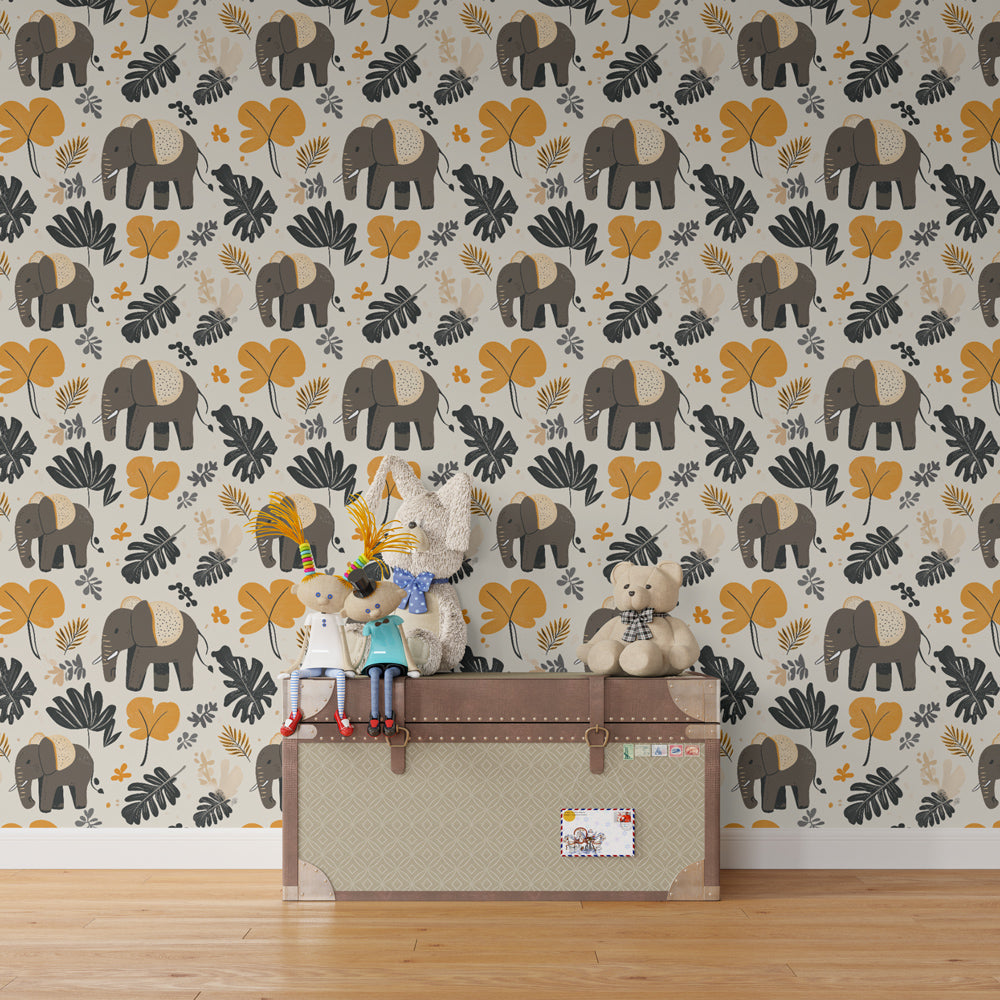Safari elephant wallpaper transforming children's bedroom into adventurous jungle space