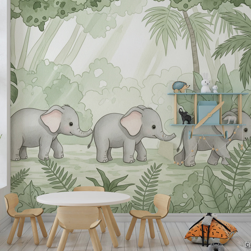 Safari elephant wallpaper creating peaceful atmosphere in children's bedroom setting