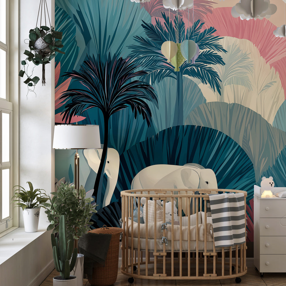 Safari elephant wallpaper creating adventurous kids bedroom decor with exotic tropical leaves