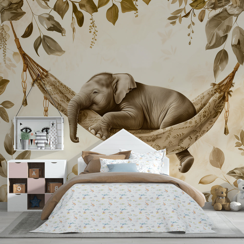 Tropical elephant wallpaper creating calming atmosphere in children's bedroom