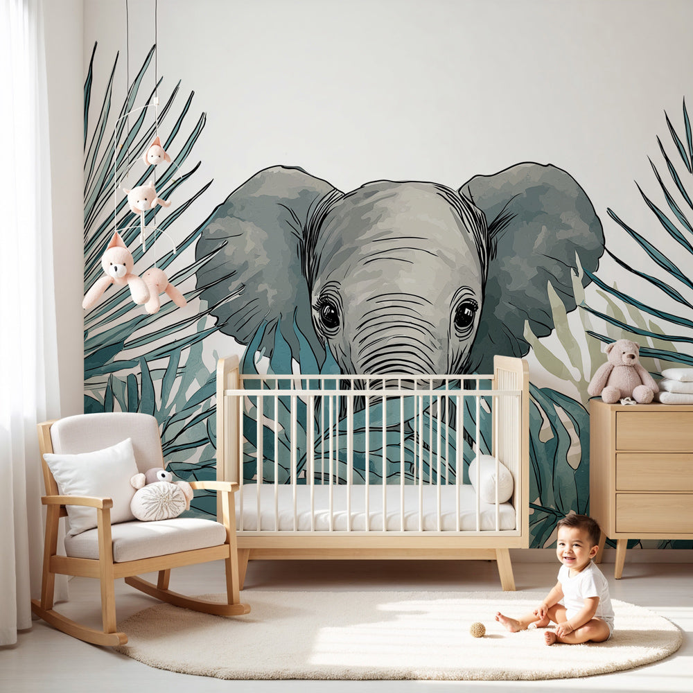 Elephant jungle mural wallpaper in peaceful baby nursery with natural decor by Kids-Mundo