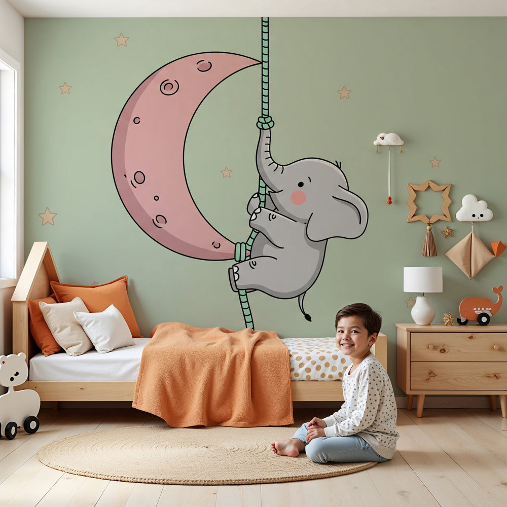 Elephant moon mural wallpaper creating magical nursery atmosphere with soft green tones by Kids-Mundo