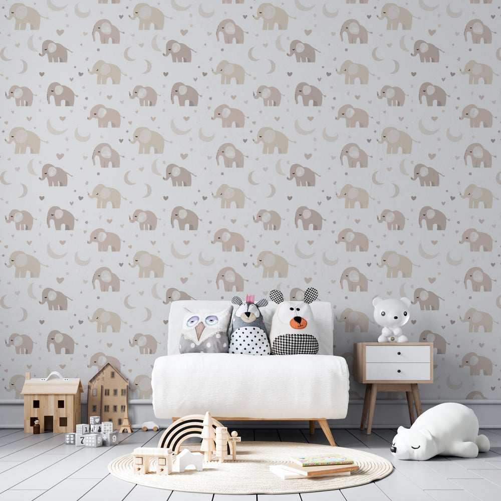 Soft elephant and moon wallpaper transforming modern baby bedroom with neutral tones
