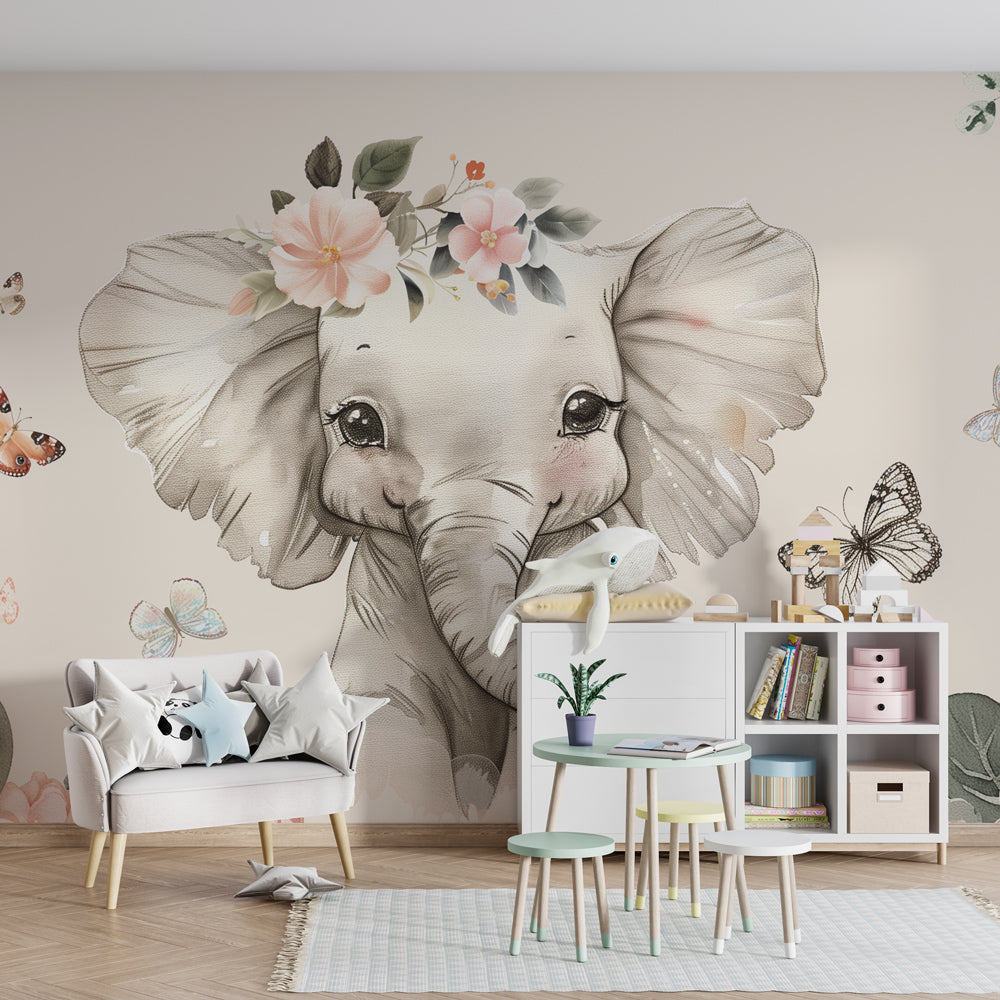 Gentle elephant and butterfly wallpaper creating calming kids bedroom decor