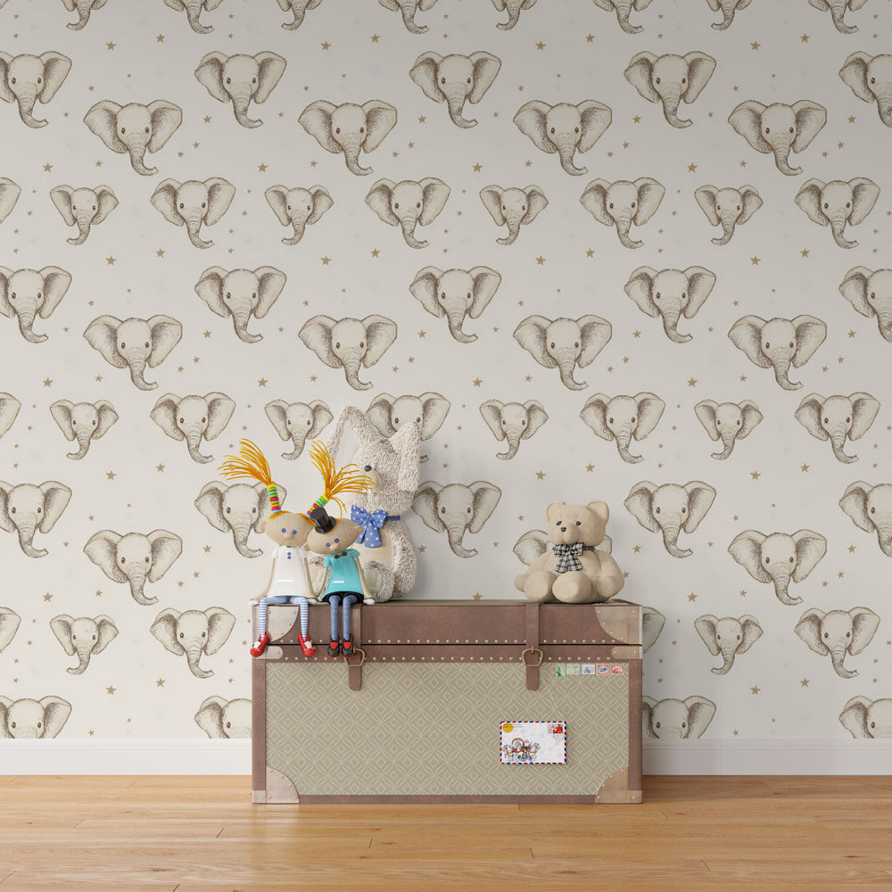 Elephant nursery wallpaper with golden stars on cream background for toddler bedroom