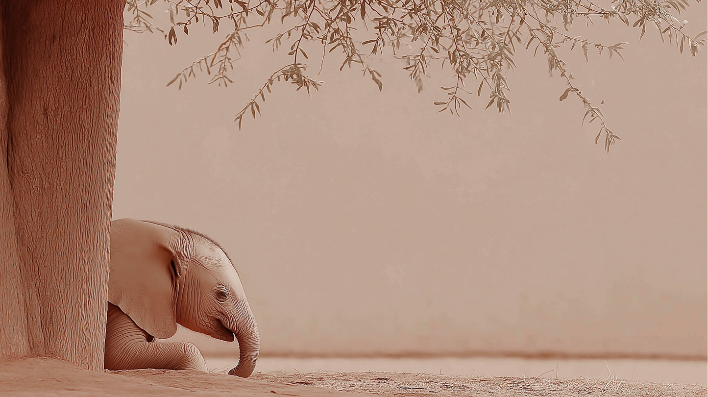 Detailed elephant and tree mural wallpaper design pattern in soft beige by Kids-Mundo