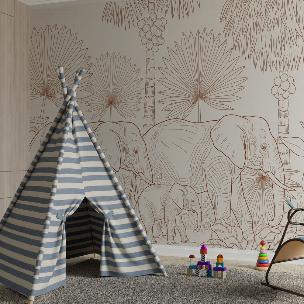 Elephant family wallpaper with palm trees in modern children's bedroom setting