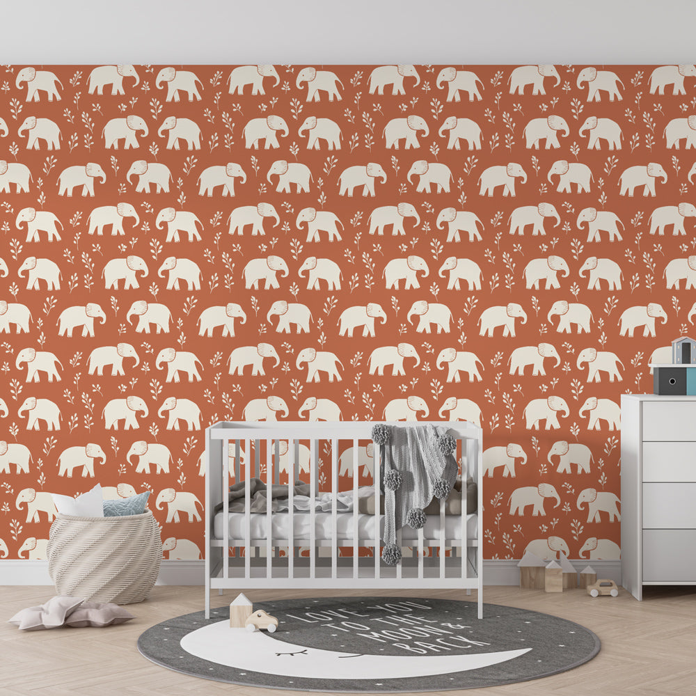 Playful elephant wallpaper transforming children's bedroom into cozy animal-themed space