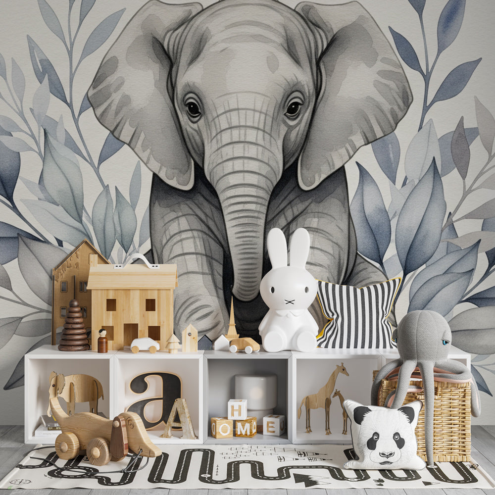 Watercolor elephant wallpaper creating serene atmosphere in children's bedroom decor