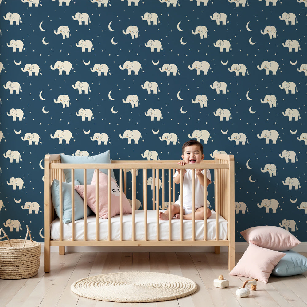 Elephant night sky mural wallpaper in modern nursery with blue celestial theme by Kids-Mundo