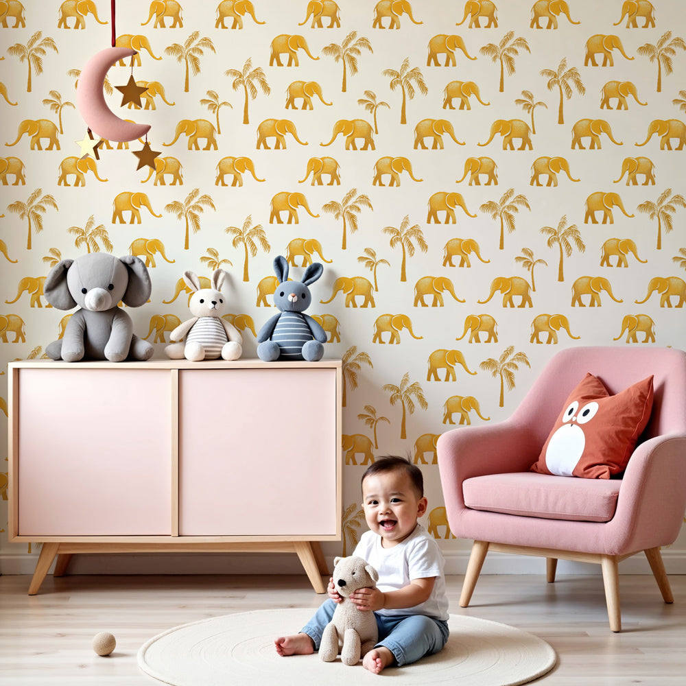 Golden elephant mural wallpaper with palm trees decorating modern nursery room by Kids-Mundo