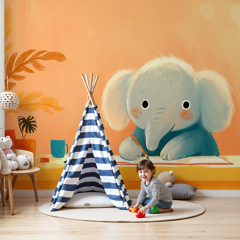 Creative elephant mural wallpaper installed in modern baby nursery room by Kids-Mundo