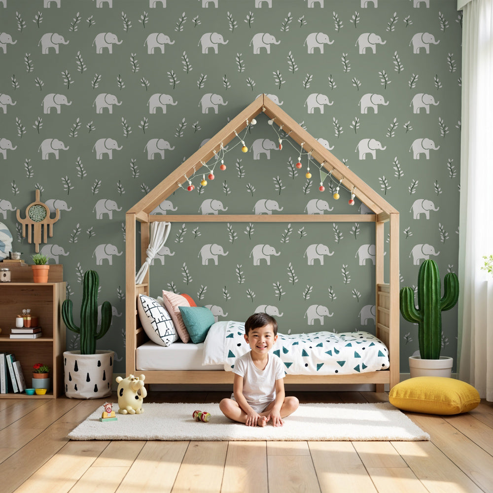 White elephant mural wallpaper creating peaceful nursery decor with green botanical background by Kids-Mundo