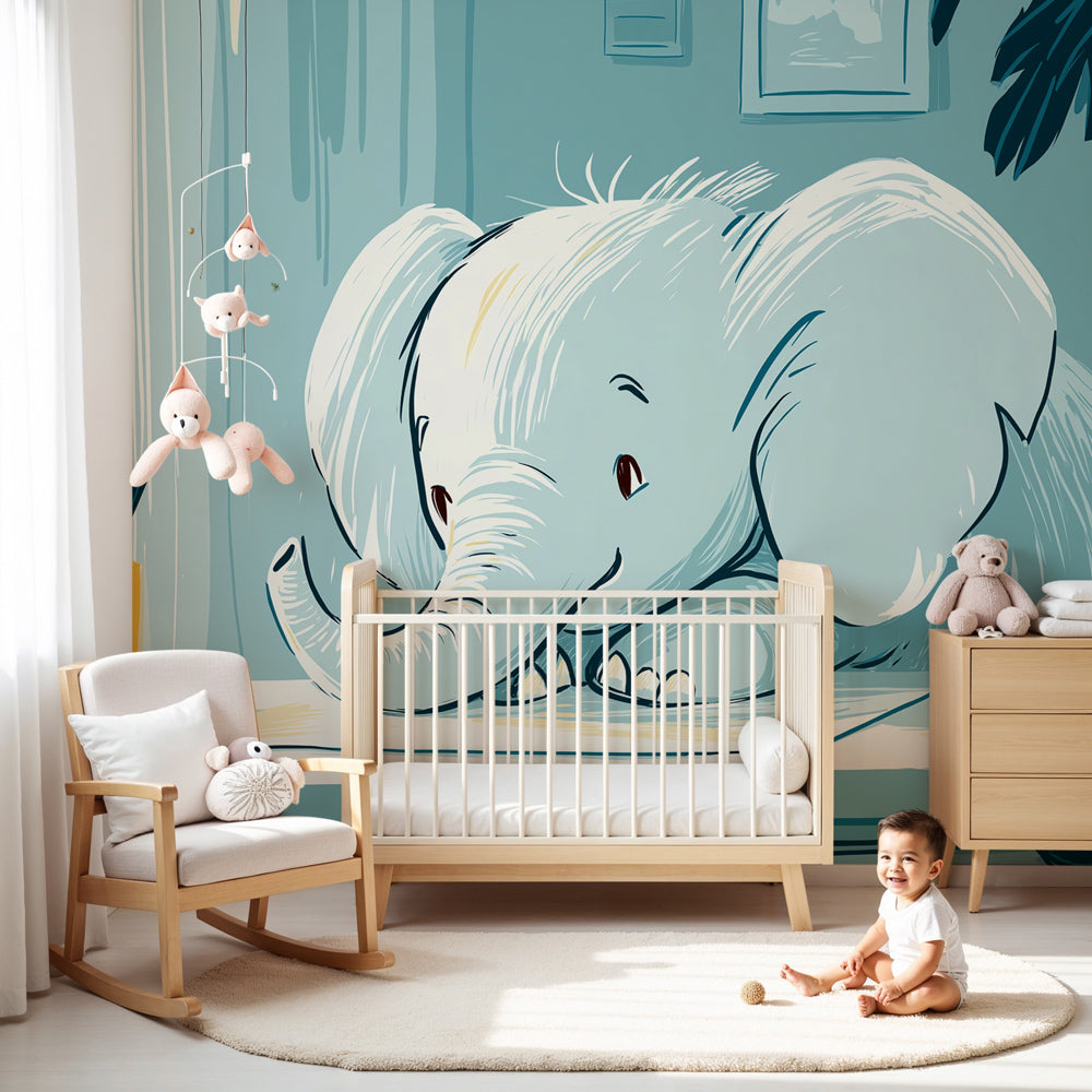 Studious elephant mural wallpaper in modern nursery with natural wood furniture by Kids-Mundo