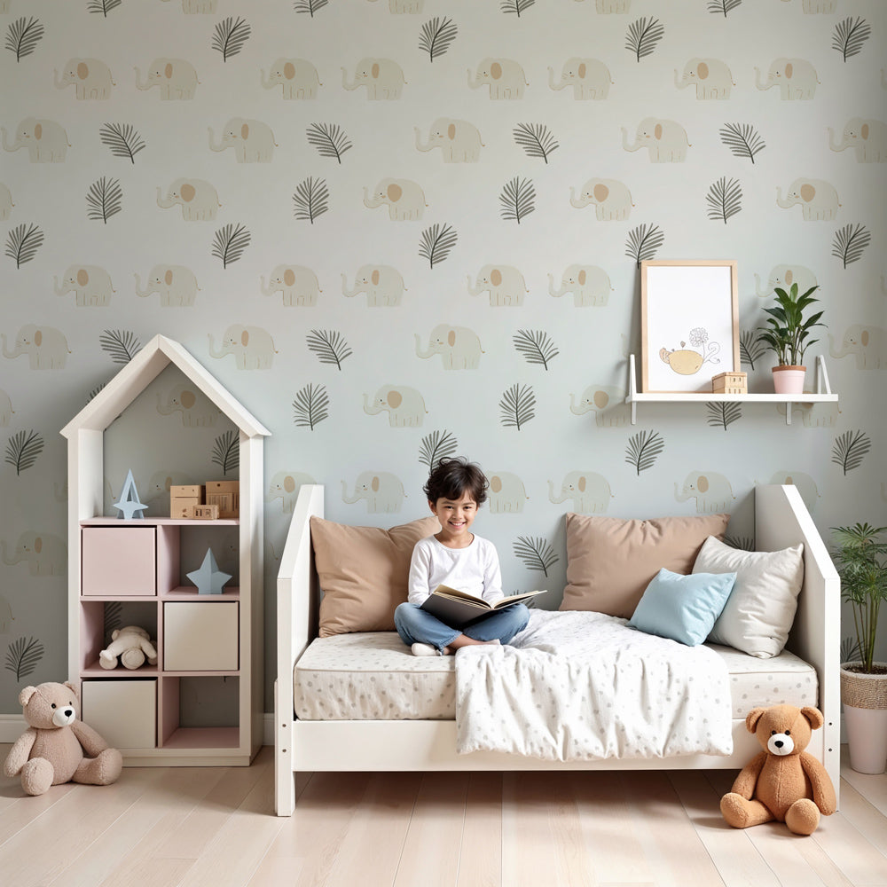 Gentle elephant mural wallpaper in peaceful nursery setting with natural wood furniture by Kids-Mundo