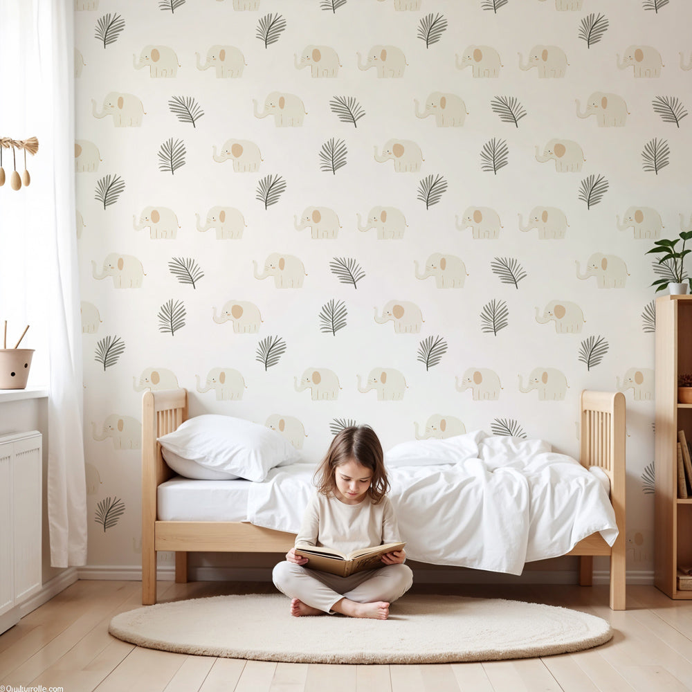 Beige elephant mural wallpaper in modern nursery with botanical foliage by Kids-Mundo