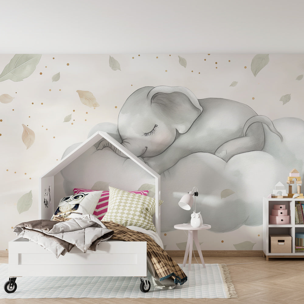 Elephant cloud wallpaper creating serene atmosphere in toddler bedroom decor
