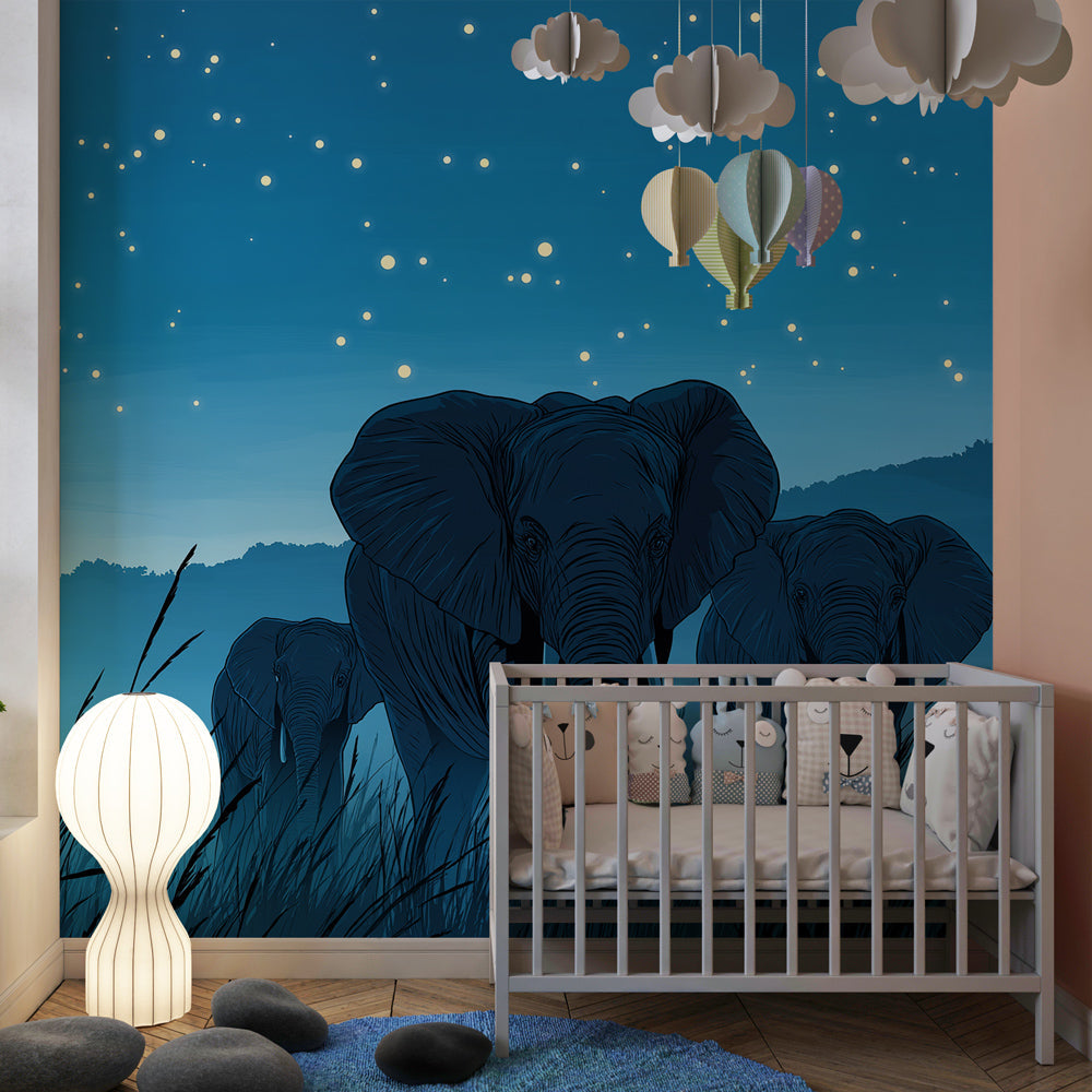 Safari elephant wallpaper creating magical nighttime atmosphere in children's bedroom