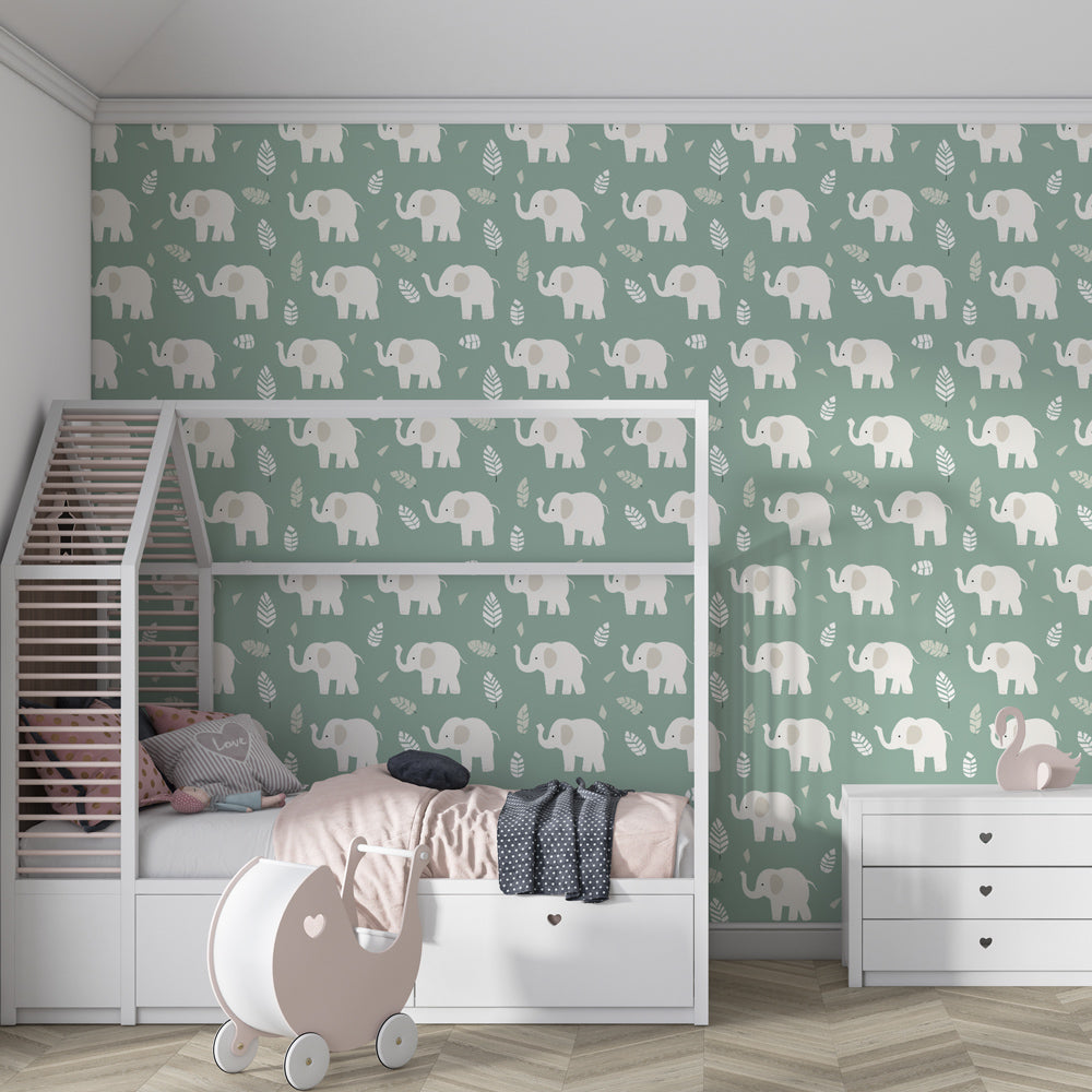 Safari elephant wallpaper creating peaceful kids bedroom decor with natural wooden furniture