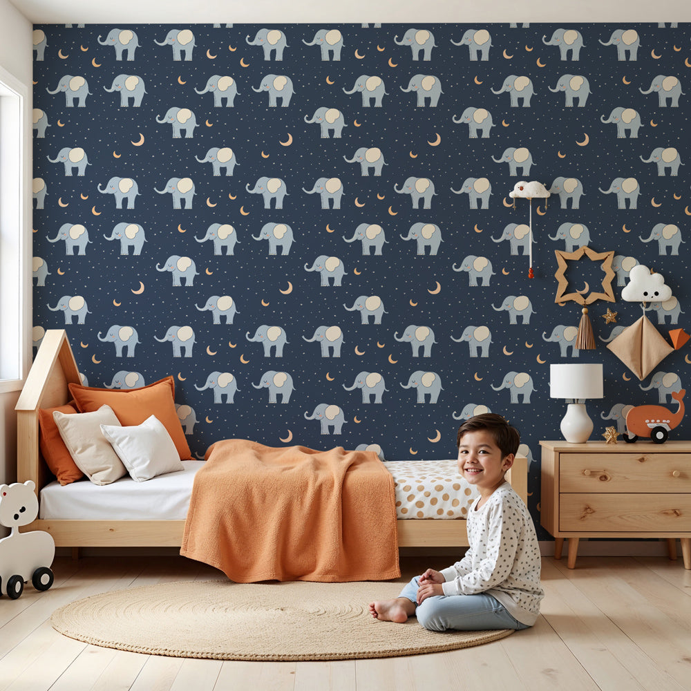 Elephant mural wallpaper creating peaceful safari atmosphere in modern nursery by Kids-Mundo