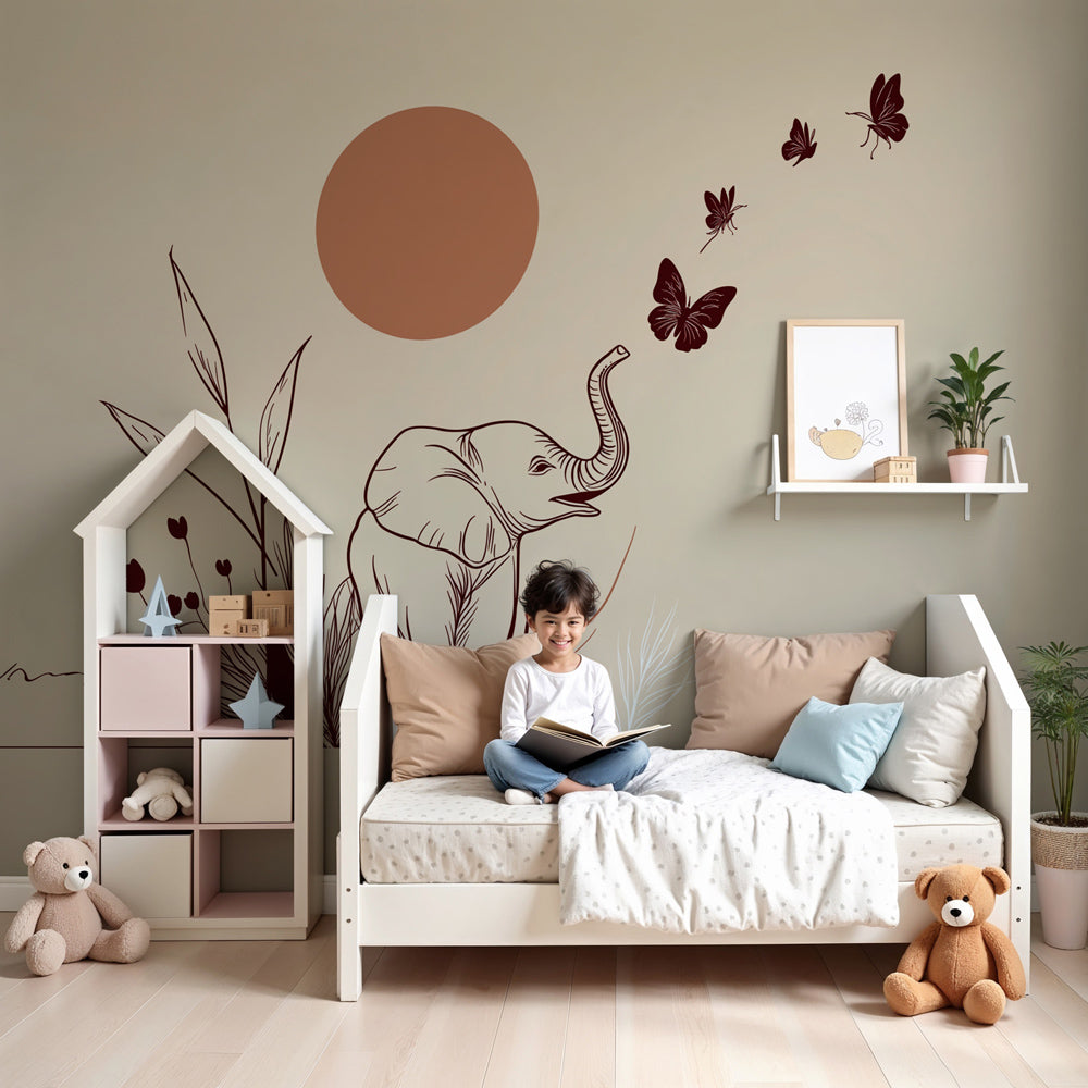 Happy elephant mural wallpaper with butterflies decorating modern nursery by Kids-Mundo