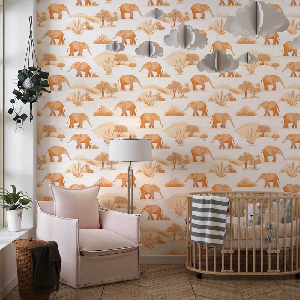 Safari elephant wallpaper in modern kids bedroom with natural wood furniture