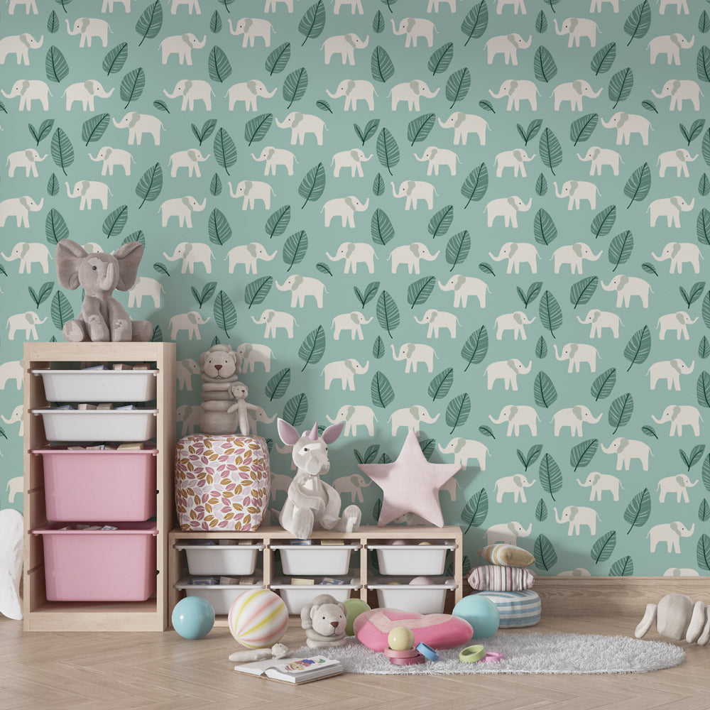 Safari elephant wallpaper creating peaceful atmosphere in modern kids bedroom