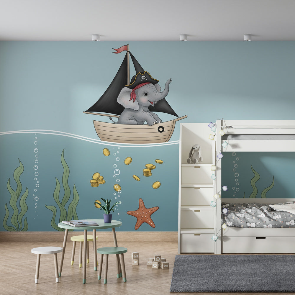 Maritime elephant wallpaper creating calm ocean-themed nursery decor with soft blue tones