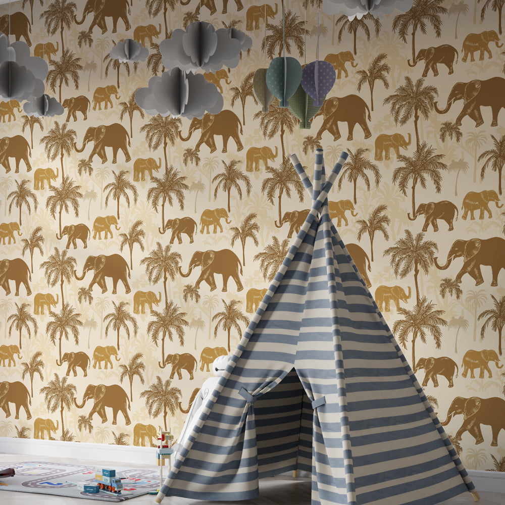 Tropical elephant wallpaper creating adventurous kids bedroom decor with natural tones