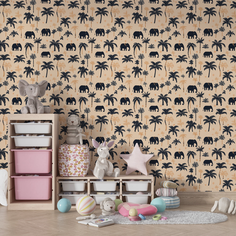 Tropical elephant and palm tree wallpaper creating serene kids bedroom decor