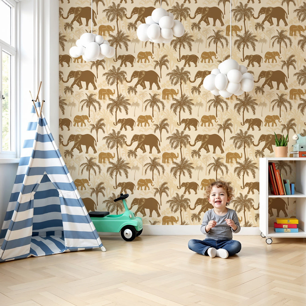 Elephant safari mural wallpaper with palm trees in modern nursery by Kids-Mundo