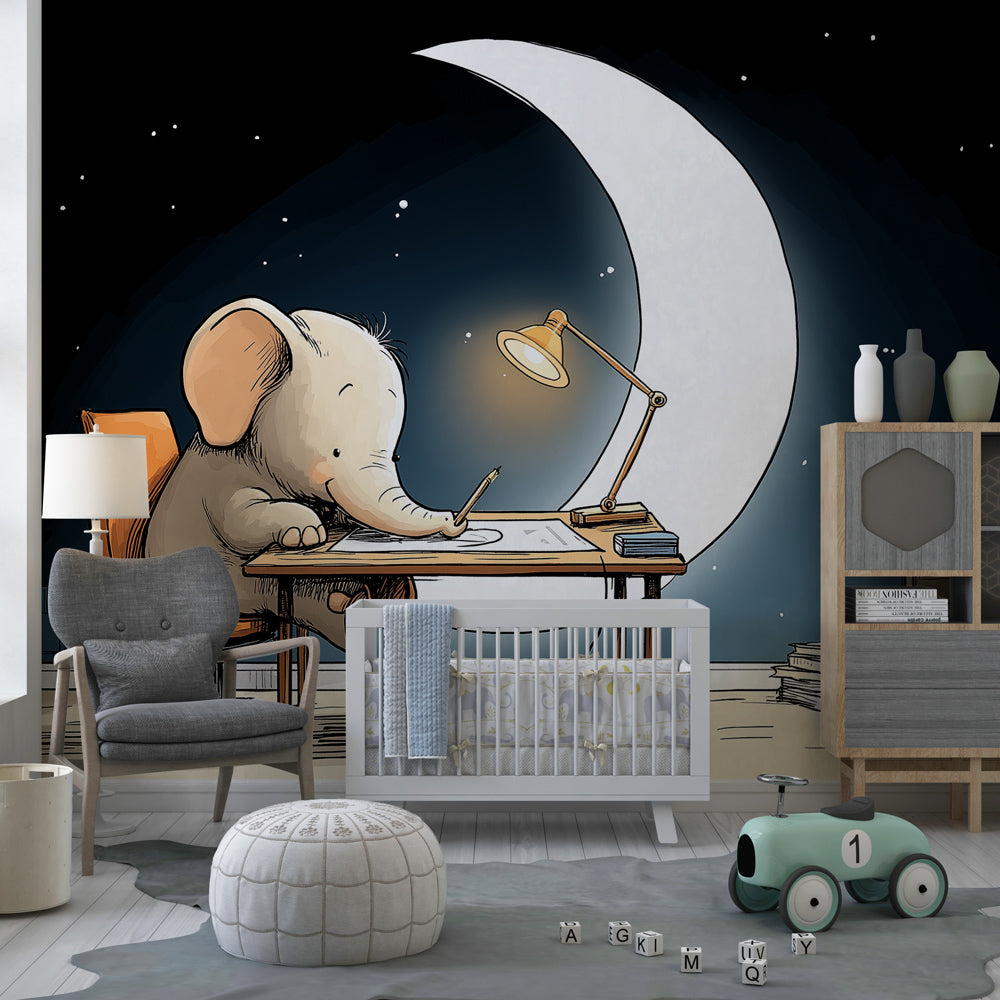 Moonlight elephant wallpaper with studying theme for peaceful nursery decor by Kids-Mundo