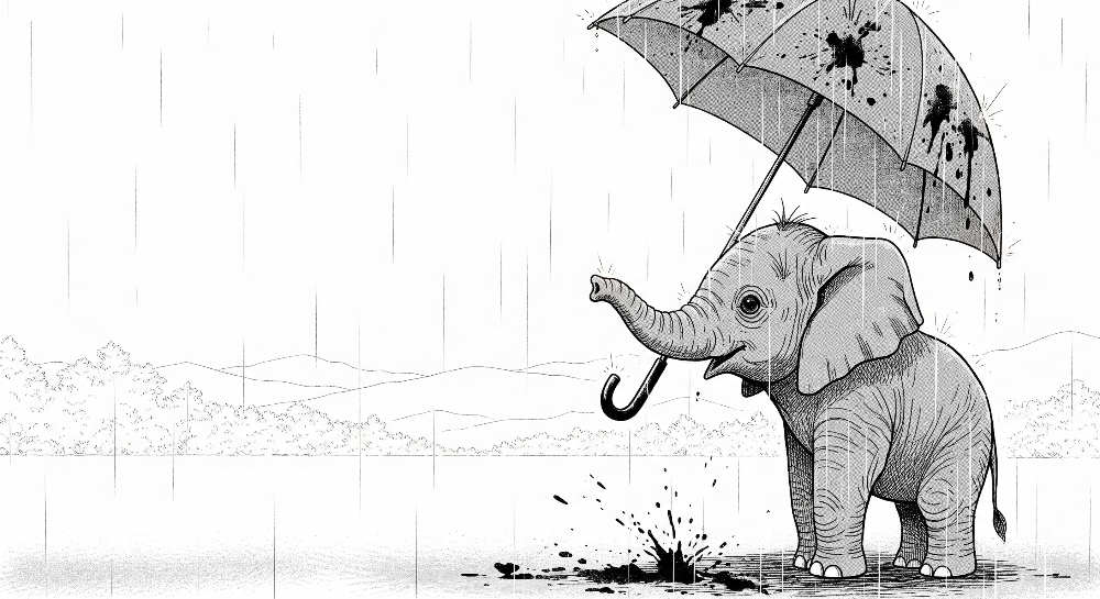 Kids-Mundo flat artwork of a sketched baby elephant holding an umbrella in the rain