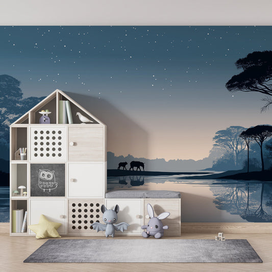 Kids-Mundo silhouetted elephant savanna mural styled in a modern children's bedroom